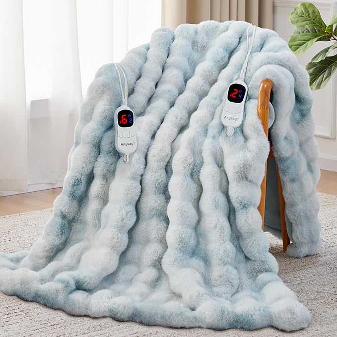 Heated Blanket King Size with 1/2/4/6/8 Hours Auto-Off 10 Heat Level, 90'' * 100'' Cozy Faux Rabbit Fur Bubble Electric Blanket with Overheat Protection(Tie-Dye Blue)
