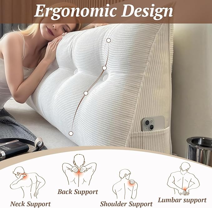 Wedge Headboard Pillow ，Reading Pillow Essentials backrest Cushion for Bed Gap Filler or Sofa (White, Queen(59 * 8 * 20in))