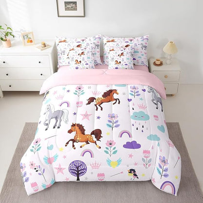 Erosebridal Twin Bed in a Bag Floral Horse Comforter Set with Sheets 7Pieces All Season Cartoon Zoo Animal Bedding Sets with Comforter, Cushion Covers, Flat Sheet, Fitted Sheet and Pillowcase