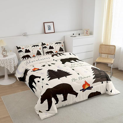 Happy Camping Comforter Set King Size,Hunt Bear Pine Trees Bedding Set for Kids Boys Girls Cabin Room Decor,Cartoon Campfire Arrow Stars Moon Quilt Set Adventure Duvet Insert Brown 3Pcs