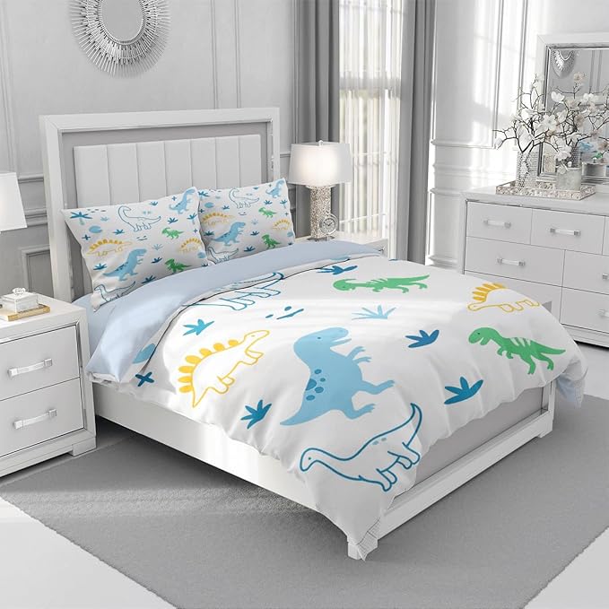 Dinosaur Duvet Cover Sets Twin Size for Kids Boys Girls Teens, Cute Cartoon Comforter Cover with 1 Duvet Cover 69x90 Inches and 1 Pillowcase 20x26 Inches (Twin,No Comforter)