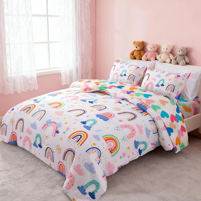 Holawakaka Boho Rainbow Twin Comforter Set with Sheets, 5-Piece Bohemian Love Heart Star Bedding Set for Girls & Women -Super Soft Microfiber Kids Teen-Girls Reversible Bed-in-a-Bag