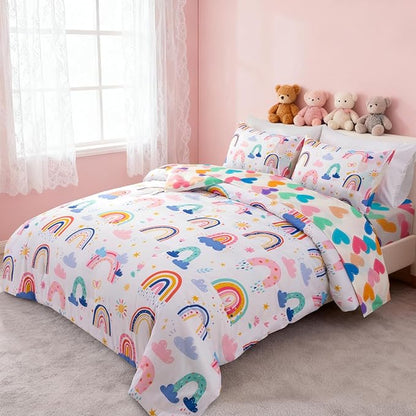 Holawakaka Boho Rainbow Twin Comforter Set with Sheets, 5-Piece Bohemian Love Heart Star Bedding Set for Girls & Women -Super Soft Microfiber Kids Teen-Girls Reversible Bed-in-a-Bag