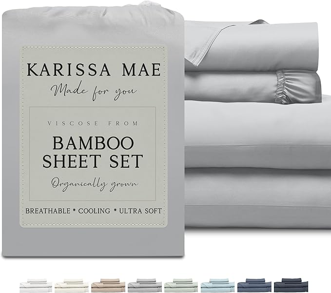 KARISSA MAE Cooling Bamboo Viscose Queen Sheet Set | 100% Organically Grown | 18” Deep Pocket | Silky, Soft, & Hypoallergenic | with Organizer Band & Elastic Corner Straps [Grey Mist]