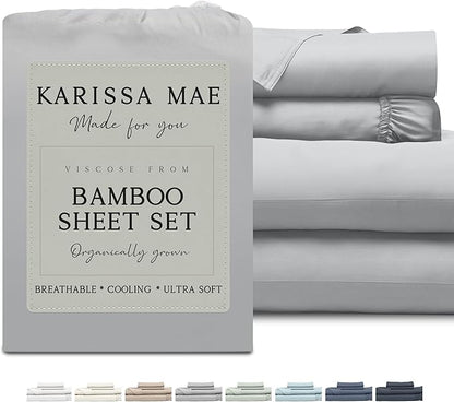 KARISSA MAE Cooling Bamboo Viscose King Sheet Set | 100% Organically Grown | 18” Deep Pocket | Silky, Soft, & Hypoallergenic | with Organizer Band & Elastic Corner Straps [Grey Mist]