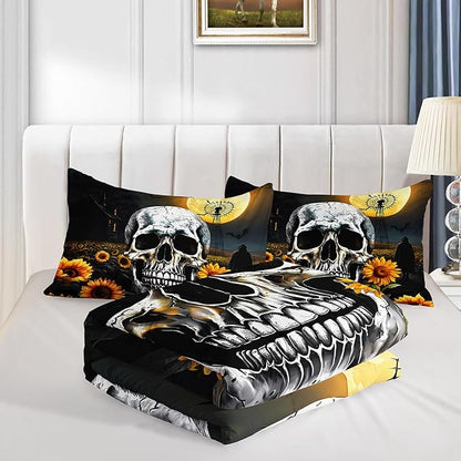 Skull Comforter Set for Gothic Decor Bedroom,Sunflower Floral Bat Print Bedding Queen Size Comforter Set for Kids Boys Girls,Dark Night Halloween Horror Bedding Set with 2 Pillowcases.