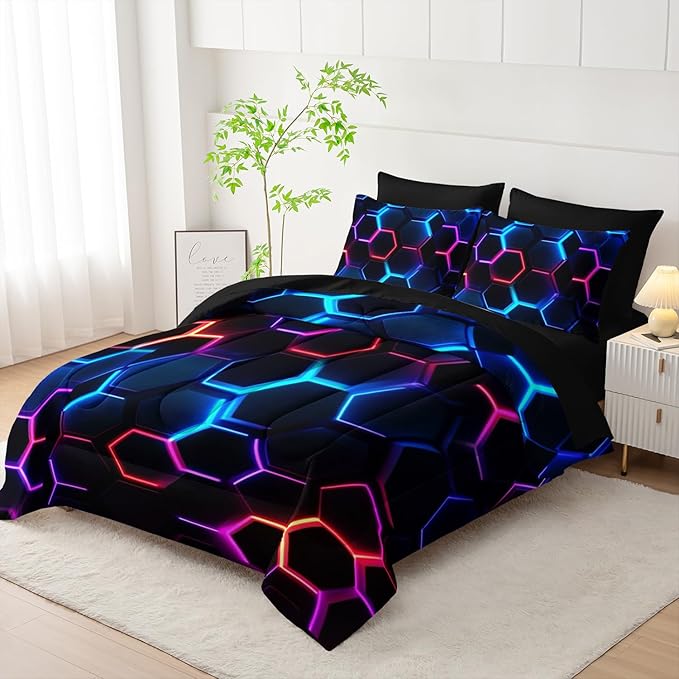 Geometric Twin Comforter Set,Colorful Neon Lights Honeycomb Bedding Set 7 Piece with Comforter Fitted Sheet Flat Sheet Pillowcases,Bed Sets Geometry Decor,Microfiber Lightweight All Season.