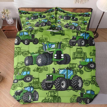 Twin Size Car Comforter Set with Pillowcase, Farm Tractor Summer Soft Green 2 Pcs Bedding for Kids and Adults, Plant Dirt Wheel Comforter Set for Room Bedroom Bed Decor