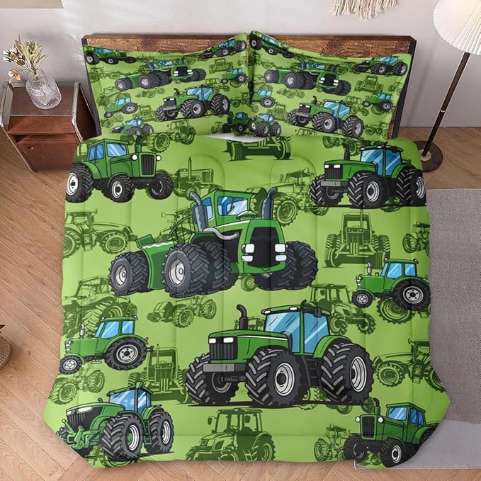 Queen Size Car Comforter Set with 2 Pillowcase, Farm Tractor Summer Soft Green 3 Pcs Bedding for Kids and Adults, Plant Dirt Wheel Comforter Set for Room Bedroom Bed Decor