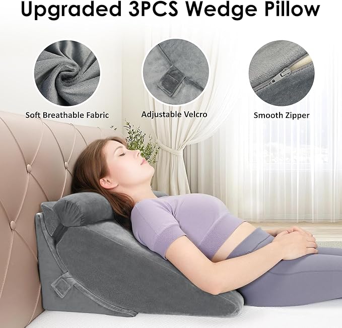 Bed Wedge Pillow Set for Post Surgery, 3PCS Wedge Pillow for Acid Reflux Relief, Adjustable 7 &12 inch for Sleeping, Headboard, Back Pain Relief, Back Pillow for Bed Sitting Up, Grey