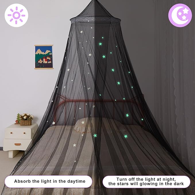 FIOBEE Bed Canopy for Girls Room Bed Canopy Curtains with Led Lights Mosquito Net DIY Princess Room Décor with Stars Butterflies for Kids Bedroom, Black
