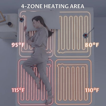 Queen Size Electric Heated Mattress Pad - Multi Zone Bed Warmer with Memory & Preheat Functions, 10 Heat Settings Dual Control for 1-12 Hours Auto Off, Lighted Button