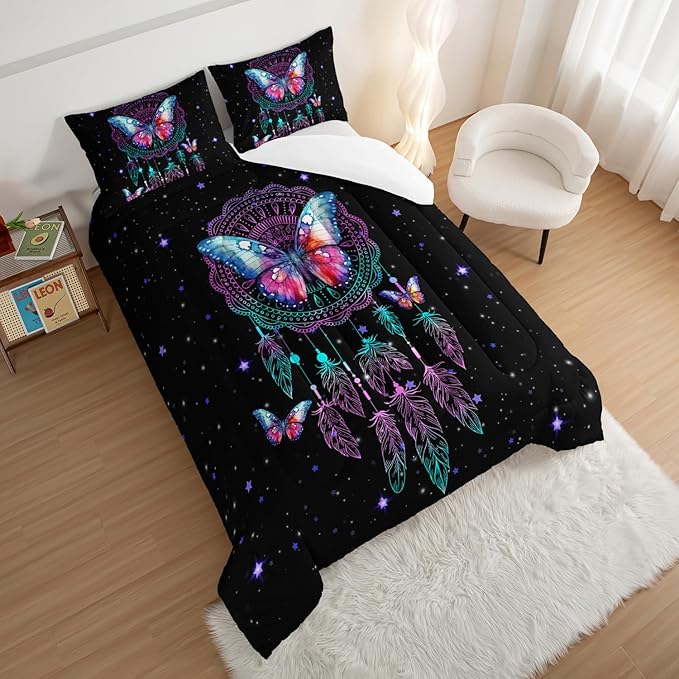 HOSIMA Dream Catcher Tween Bedding Sets for Girls,Butterfly Feather Dream Stories Comforter Set Kidcore Room Decor Aesthetic Galaxy Starry Black Boho Comforter Set King Size with 2 Pillowcases.