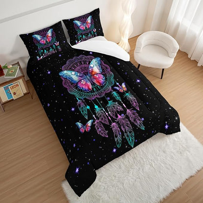 HOSIMA Dream Catcher Tween Bedding Sets for Girls,Butterfly Feather Dream Stories Comforter Set Kidcore Room Decor Aesthetic Galaxy Starry Black Boho Comforter Set King Size with 2 Pillowcases.