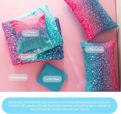 RYNGHIPY 6Pcs Gradient Glitter Bedding Set for Girls Twin Size, Colorful Rainbow All-Season Comforter Set, Ultra Soft Bedding Collections