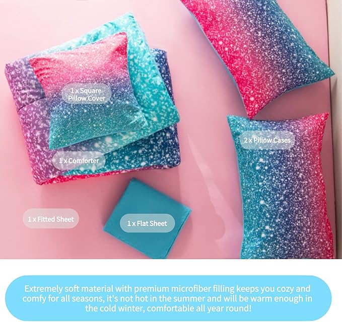 RYNGHIPY 6Pcs 3D Glitter Comforter Bedding Sets for Kids Teens Girls Women, Turquoise Blue Pink Rainbow Quilt Set Queen Size, Ultra Soft Reversible Bed in A Bag