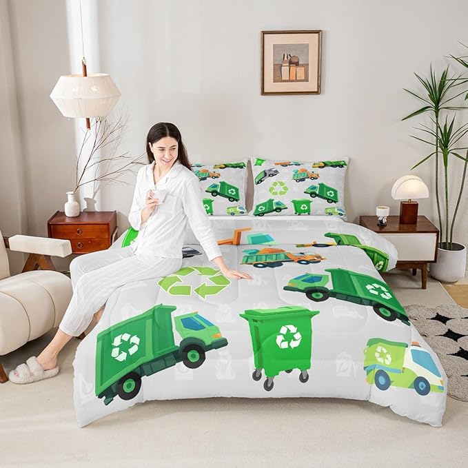Feelyou Boys Green Garbage Truck Bedding Set Cartoon Trash Truck Comforter Set for Kids Boys Girls Teens Green Vehicle Car Comforter Garbage Truck Toy Duvet Set Full Size with 2 Pillow Case