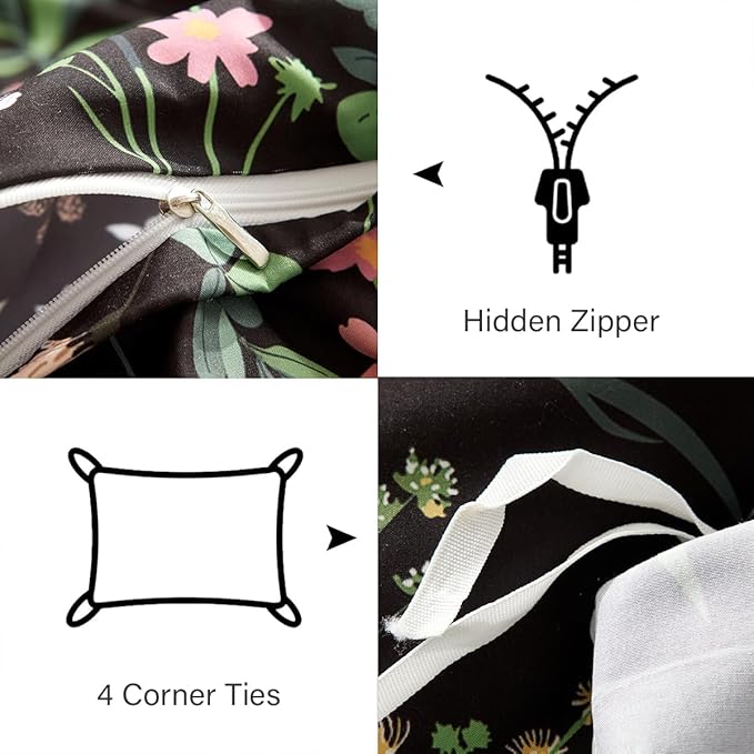 Floral Duvet Cover Twin Black 2 Pieces Elegant Botanical Flower Bedding Set Farmhosue Aesthetic Bedding Soft Microfiber Duvet Cover Set with 1 Pillowcase