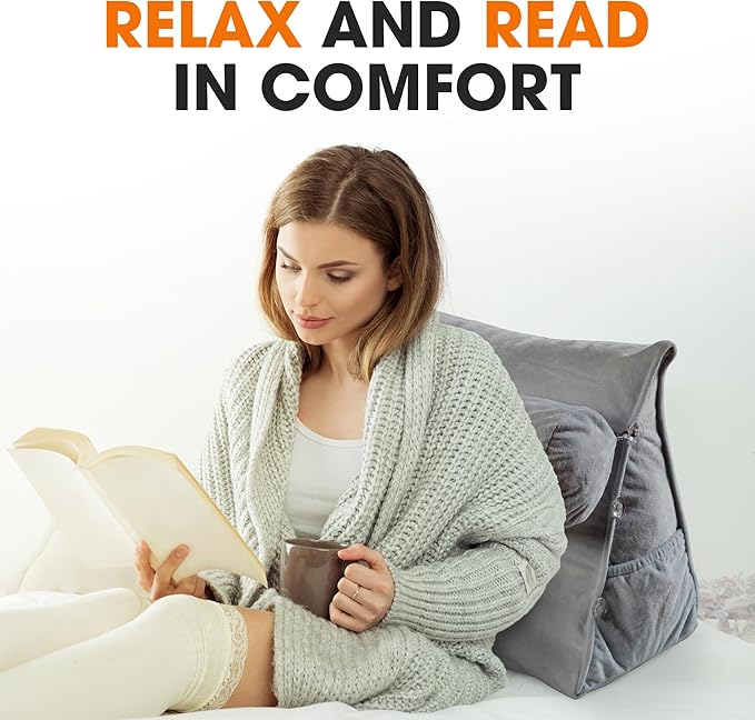Cheer Collection Reading Wedge Pillow – TV Pillow with Adjustable Bolster Pillow, Memory Foam Back Support for Couch & Bed, Pillow Chair for Bed, Reading Pillows for Adults & Kids, Gray