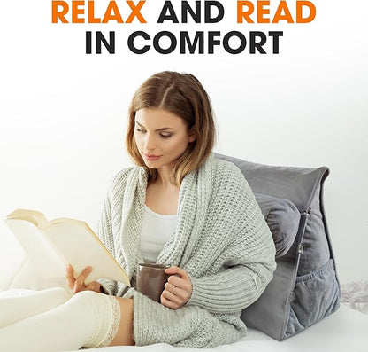 Cheer Collection Reading Wedge Pillow – TV Pillow with Adjustable Bolster Pillow, Memory Foam Back Support for Couch & Bed, Pillow Chair for Bed, Reading Pillows for Adults & Kids, Gray