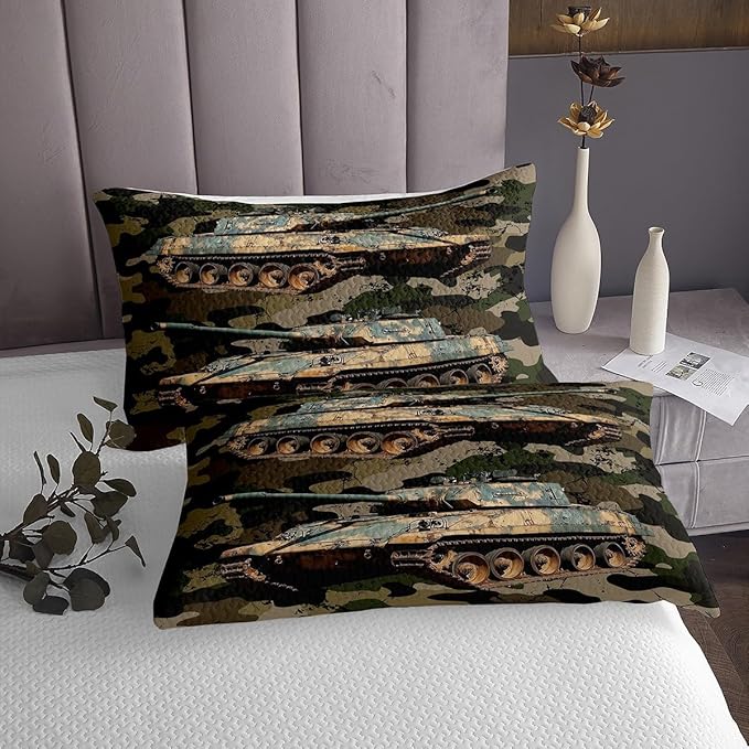 Erosebridal Boys Car Bedspread Camouflage Tank Cannon Quilted for Kids Children Military Vehicle Coverlet Set Retro Camo Vintage Style Bedspread Quilt Set 2Pcs with 1 Pillow Case Twin Size