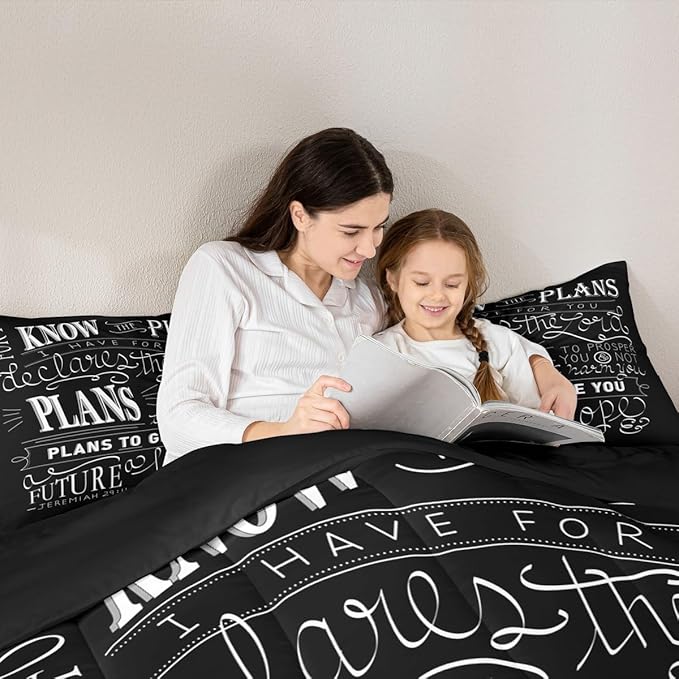 Feelyou Kids Vintage Bible Verse Comforter Set Christian Bible Verse Jeremiah Comforter Set for Boys Children Teens Bedroom Decor Modern Comforter Black Duvet Set King Size with 2 Pillow Case