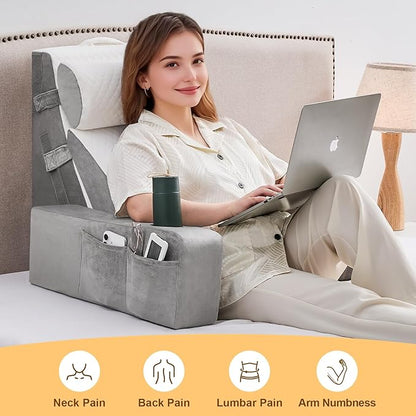 Reading Pillow for Sitting in Bed Adult, Back Pillow for Bed Sitting up with Arms, Pockets and Cup holder, Sit Up Backrest Pillows for Beds Chair Support, Beds Rest Pillow for Gaming, Watching TV