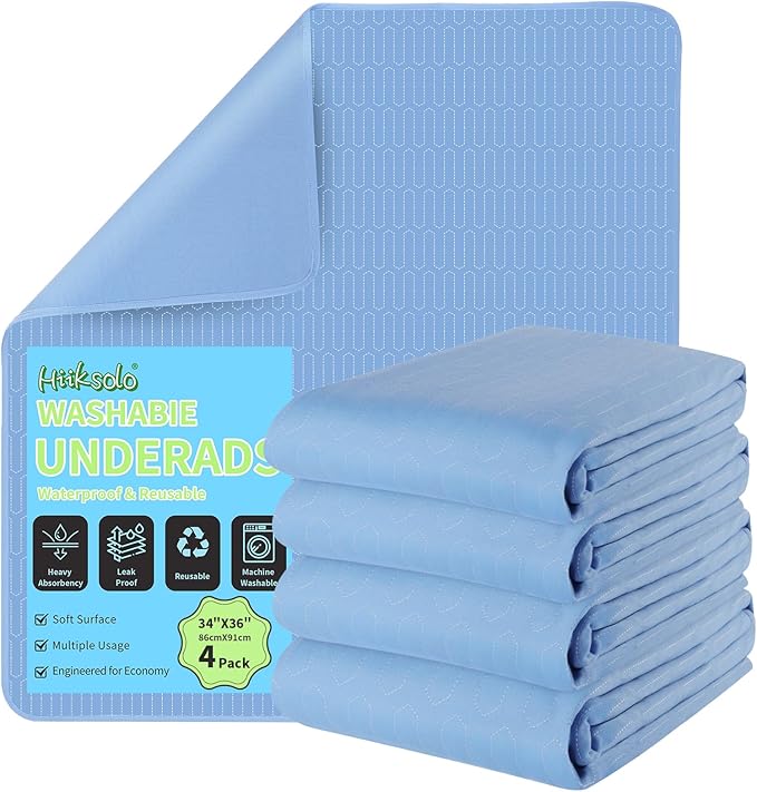 Reusable Leakproof Bed Pads, 4 Pack 34" x 36" Washable Heavy Absorbency Incontinence Underpads, Blue Mattress Protector for Adults, Children, Pets