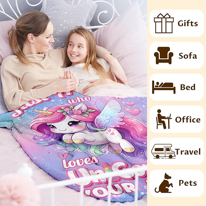 Custom Unicorn Blanket for Girls Age 8-10, 50 x 40 Inches Soft Fuzzy Blanket for Unicorn Lovers, Cozy Blanket, Warm Flannel Throw Blanket for Bed Sofa Room Decor, Camping, Travel, Chair
