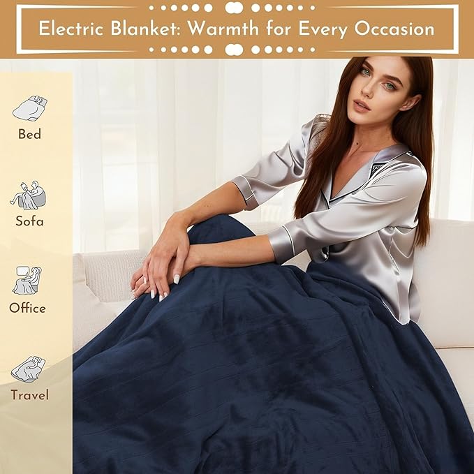 Electric Heated Blanket 62"x84" Twin Size Microplush Cover Blanket, 4 Heat Settings & 10 Hours Auto Off, Cozy & Warm for All Night, Machine Washable, Navy Blue