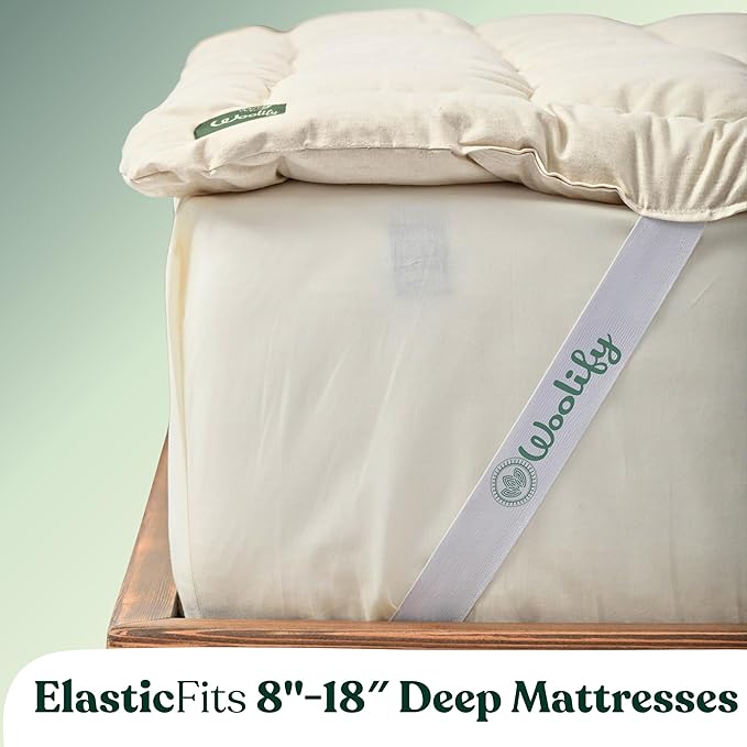 Organic Merino Wool Mattress Topper - Luxury Pillow Top Mattress Pad, Handmade, Non-Toxic, Cooling & Hypoallergenic, Natural Back Pain Relief, Sustainable Bedding (Queen)