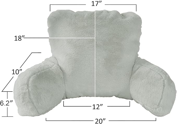 Plush Faux Fur Backrest Reading Bed Rest Pillow with Arms and Pockets for Sitting in Bed Couch Sofa, Back Support Wedge Cushion with Removable Cover, 20" x 18" x 17", Middle Gray
