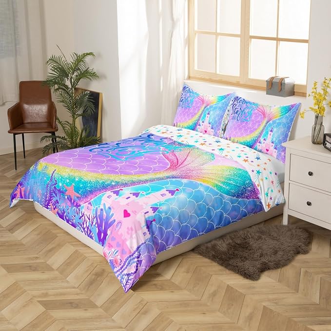 Castle Fairy Mermaid Fish Tail Duvet Cover Queen Size,Rainbow Watercolor Mermaid Scale Bedding Set 3pc,Fantasy Coral Castle Comforter Cover Sea Life Quilt Cover,2 Pillowcases