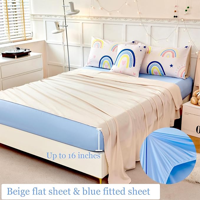 ANGIYUIN 6 Pieces Beige Rainbow Girls Full Size Comforter Set Cartoon Love Hearts Stars Bedding Set for Kids Girls Cute Soft Lightweight Bed in A Bag with Rainbow Comforter, Sheets, Pillowcases