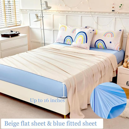 ANGIYUIN 6Pcs Beige Rainbow Queen Comforter Set - Cartoon Love Hearts and Stars Girl Bedding Set for Kids - Cute Soft Kid Bed in A Bag with Comforter, Sheets, Pillowcases
