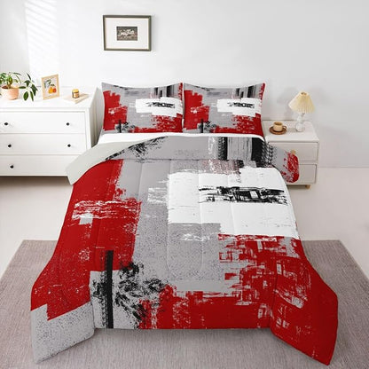 Feelyou Abstract Bedding Set Comforter Set for Kids Boys Children Modern Abstract Art Comforter Ultra Soft Decor Red Grey White Duvet Set Full Size