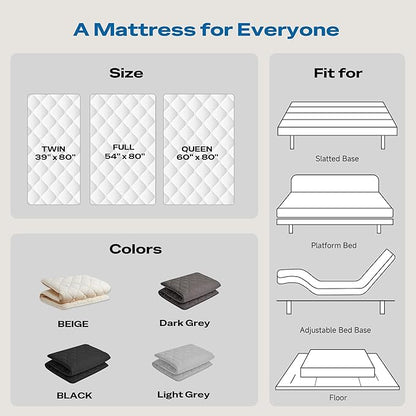 Aircliff Japanese Floor Mattress Futon - Foldable Tatami Mat, High Density Foam Sleeping Pad, Shikibuton, Designed in Japan, Roll-Up Floor Bed for Dorm, Lounger, or Guest Use (Grey, Twin)