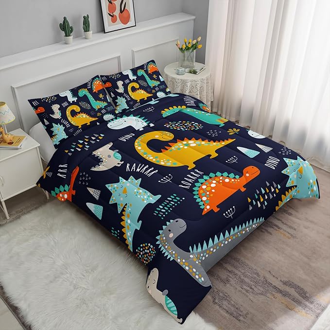 Cartoon Dinosaur Comforter Set Dark Blue Printed Bedding Set with 1 Comforter and 2 Pillowcases for Boys and Girls Bedroom All Season(Dinosaur Queen)