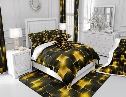 Castle Fairy Bedding Set Twin Size,3D Modern Abstract Square Grid Comforter Cover Set for Kids Girls,Golden Neon Light Geometric Print Bedding Quilt Cover Set Bedroom Decor, 2 Pcs