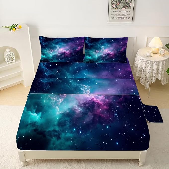 Blue Galaxy Sheet Set: Space Bedding Set Full/Queen Size for Women Kids Teens Girls Boys Cloud Starry Sky Bedroom Bed - 1 Flat Sheet, 1 Fitted Sheet, 2 Pillowcases