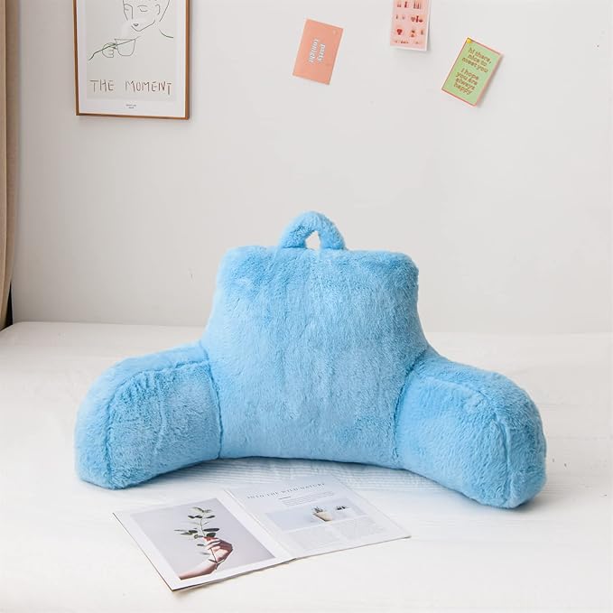 Aimuan Reading Pillow Bed Rest Pillow with Arms Rabbit Fur Cushion for Adults Teens Incline Rest Sitting up & Sleeping Snoring Pillow with Pregnancy Lumbar Back Support (Standard, Blue)