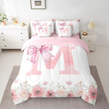Erosebridal Dreamy Princess Bowknot Twin Bedding Sets, Pink Initial Letter M Comforter Cute Kawaii Letter Bow Bed in A Bag for Girls Kids Young Woman Romantic Flower Floral Bowknot Comforter Set