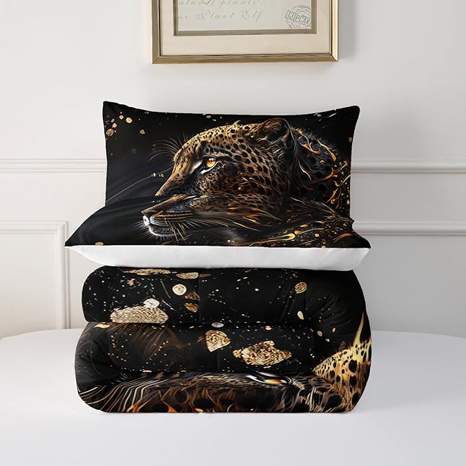 Wild Tiger Comforter Set Twin Size, 3D Black Cheetah Lover Bedding Set for Mens Adults and Teens, 3 Pieces Wild Animal Comforter Set for Room Decor, 1 Quilt and 2 Pillow Shams