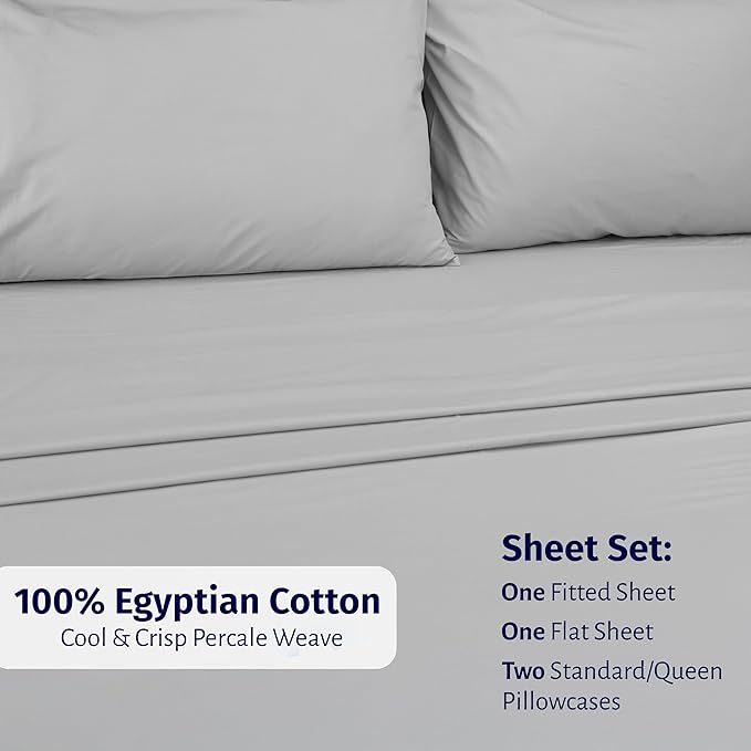 California Design Den Deep Pocket Full Size Sheets Set - Certified 100% Egyptian Cotton Percale Sheets, Lightweight, Crisp, Durable Luxury Bedding Set - Light Grey