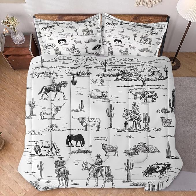 Full Size Comforter Set with 2 Pillowcase, Cowboy Cow Farm Soft 3 Pcs Bedding for Kids and Adults, Horse Vintage Western Comforter Set for Room Bedroom Bed Decor