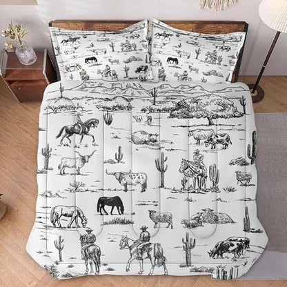 Full Size Comforter Set with 2 Pillowcase, Cowboy Cow Farm Soft 3 Pcs Bedding for Kids and Adults, Horse Vintage Western Comforter Set for Room Bedroom Bed Decor