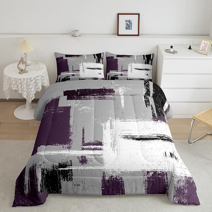 Feelyou Abstract Bedding Set Comforter Set for Kids Boys Children Modern Abstract Art Comforter Ultra Soft Decor Purple Grey White Duvet Set Queen Size