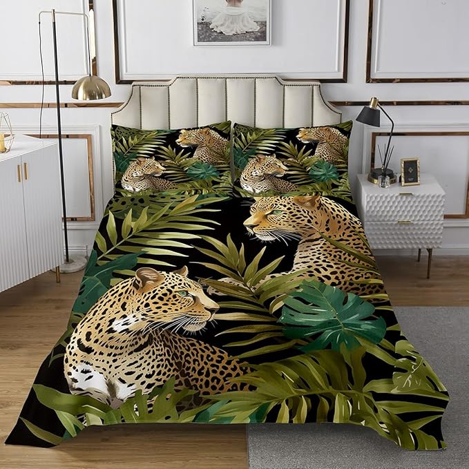 3D Leopard Quilted Twin Size,Cheetah Print Bedspread Tropical Palm Leaves Coverlet Set African Safari Animals Quilt Set Jungle Plant Leaf Weed Decor for Bedroom