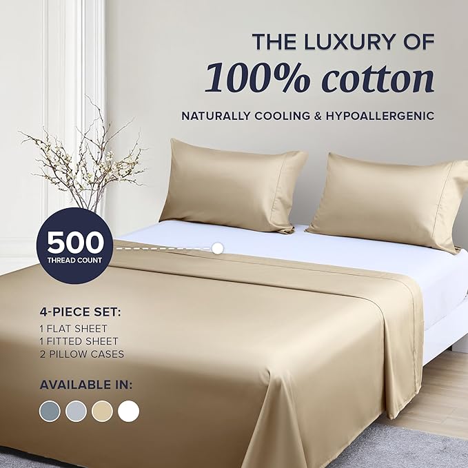 Beckham Hotel Collection Down Alternative Pillows & Cotton Sheets 4 Piece Set, 16" Deep Pocket, 2 Open End Pillowcases, Queen, Sand