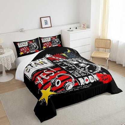 Guitar Comforter Set Twin Size Rock Music Quilt Set Graffiti Headset Bedding Set 2pcs Rock Roll Theme Duvet Insert Boys Girls Teens Kids Fashion Bedroom Collections,Black Red